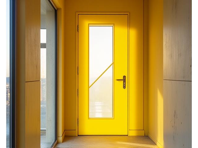 Bright yellow wooden door with a unique geometric etched glass panel, adding a pop of color to a contemporary apartment hallway.