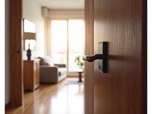 Modern, sleek wooden door in dark stain with contemporary hardware, leading into a bright, renovated apartment living room